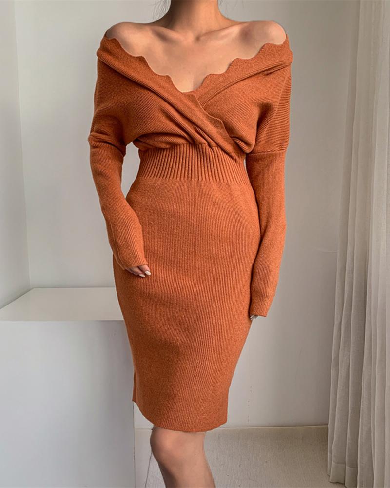

Scallop Trim Long Sleeve Knit Dress, Orange