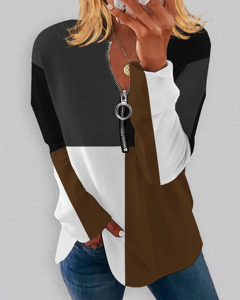 

Colorblock Zip Detail Long Sleeve Top, Coffee