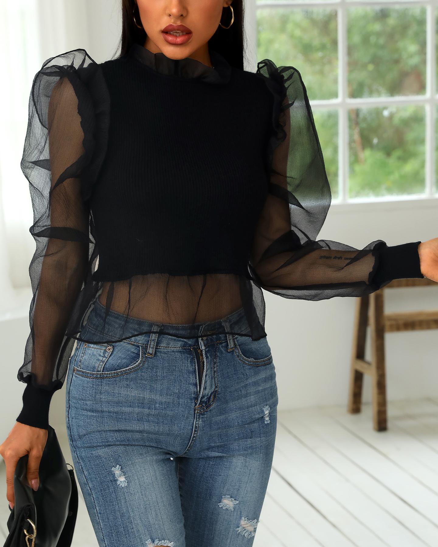

Sheer Mesh Puffed Sleeve Top, Black