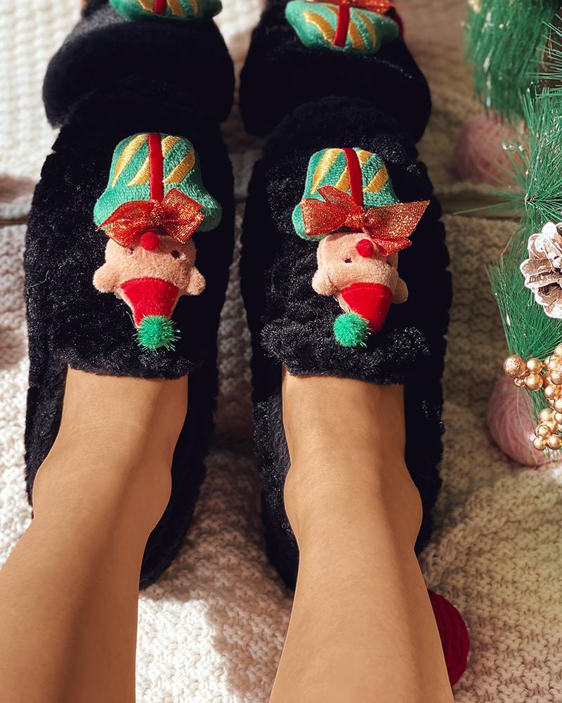 

Christmas Cartoon Decor Fluffy Slip On Shoes, Black