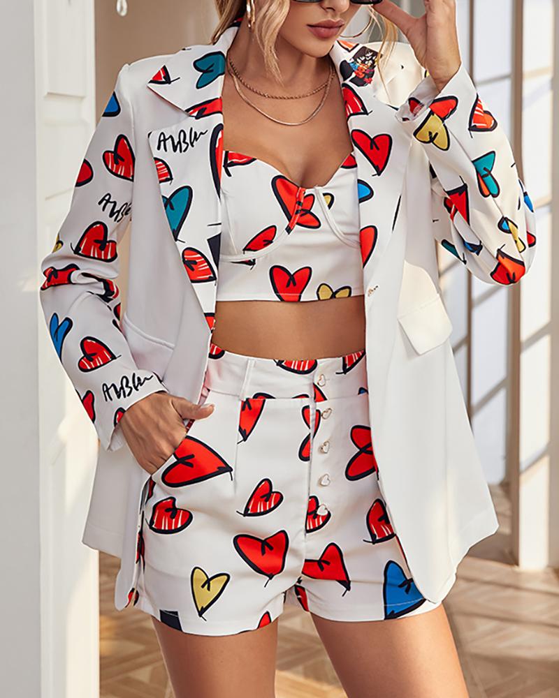 

Heart Print Long Sleeve Blazer Coat, White