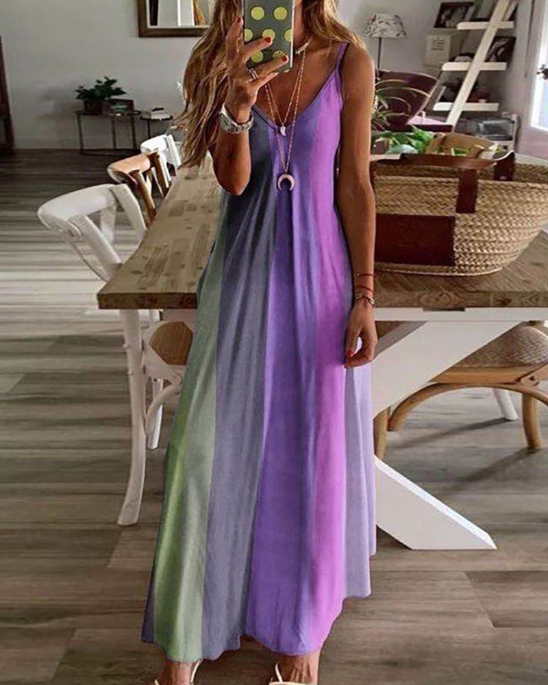 

V-Neck Colorblock Casual Maxi Dress, Purple