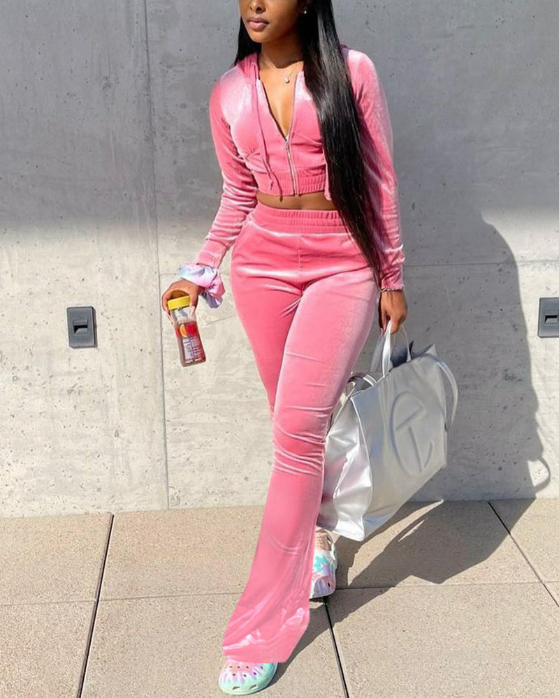 

Velvet Zip Up Crop Hoodie & Flare Leg Pants Set, Pink