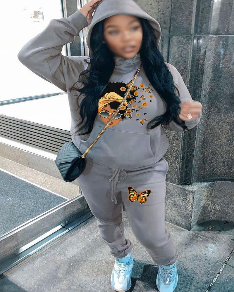 

Plus Size Figure Butterfly Print Casual Hoodie & Pants Set, Gray