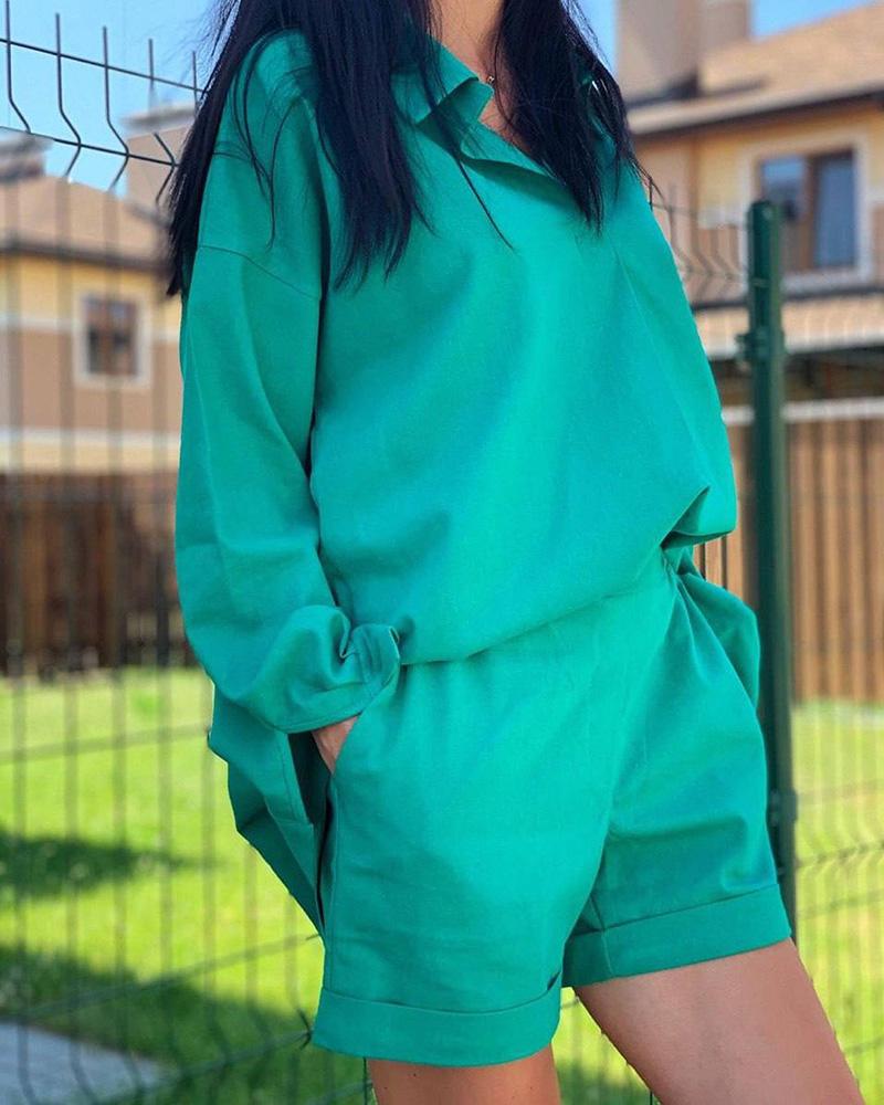 

Long Sleeve Shirt & Pocket Design Shorts Set, Green