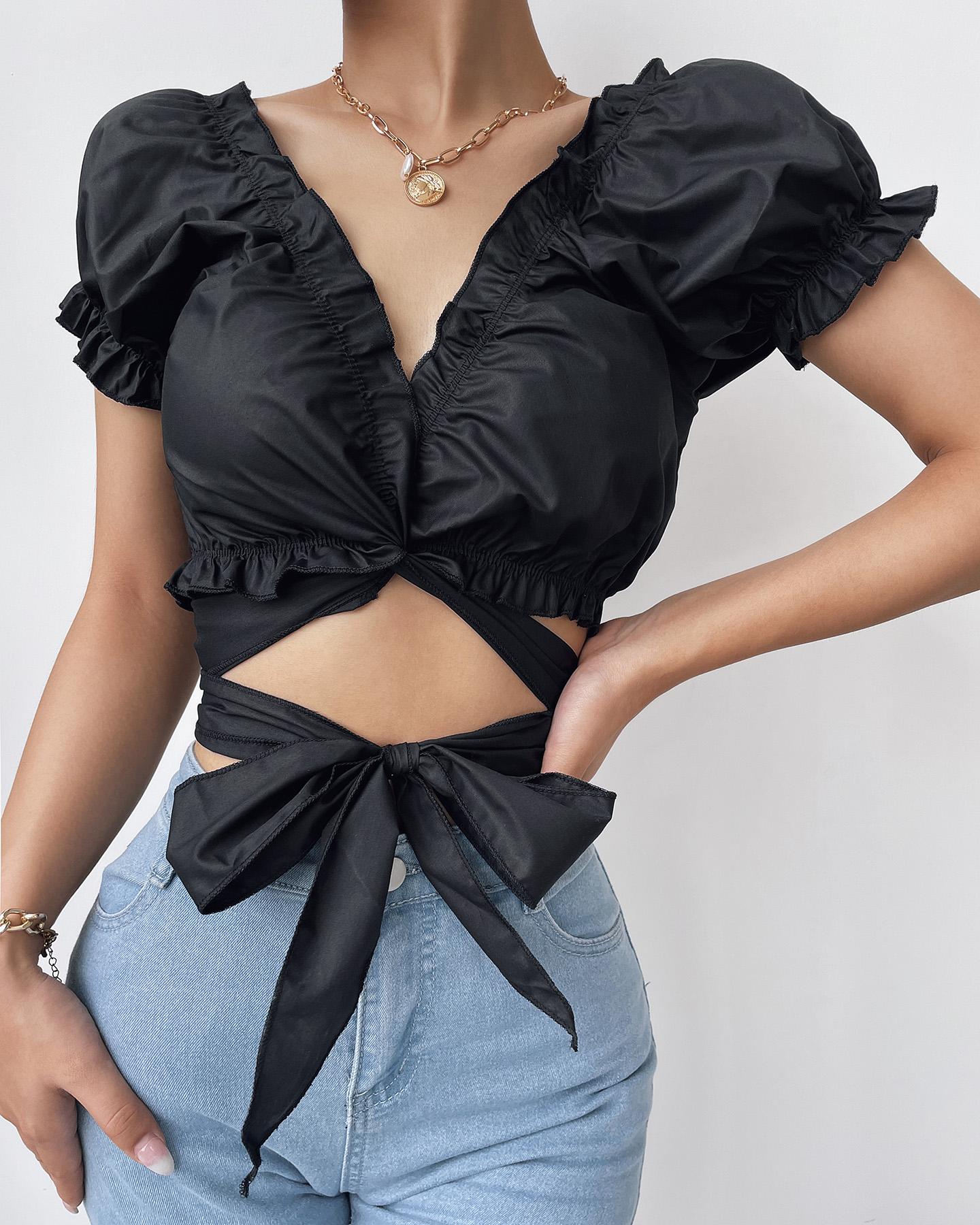 

Plain Frill Hem Lace Up Crop Top, Black