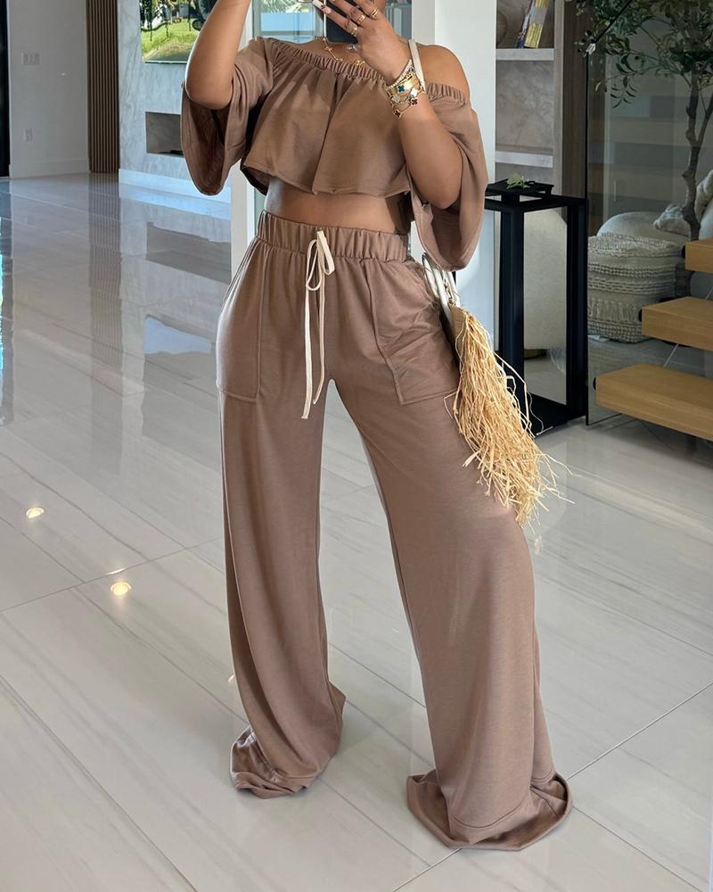 

Off Shoulder Crop Top & Pocket Design Drawstring Pants Set, Coffee