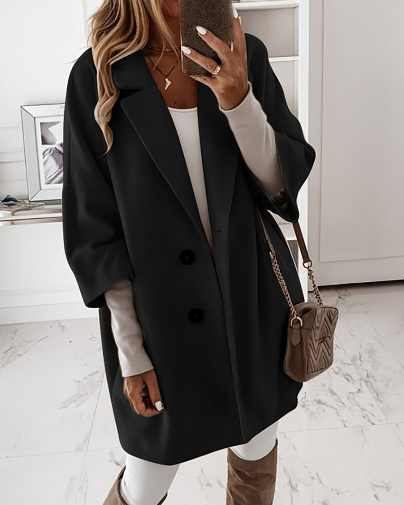 

Button Design Long Sleeve Casual Coat, Black