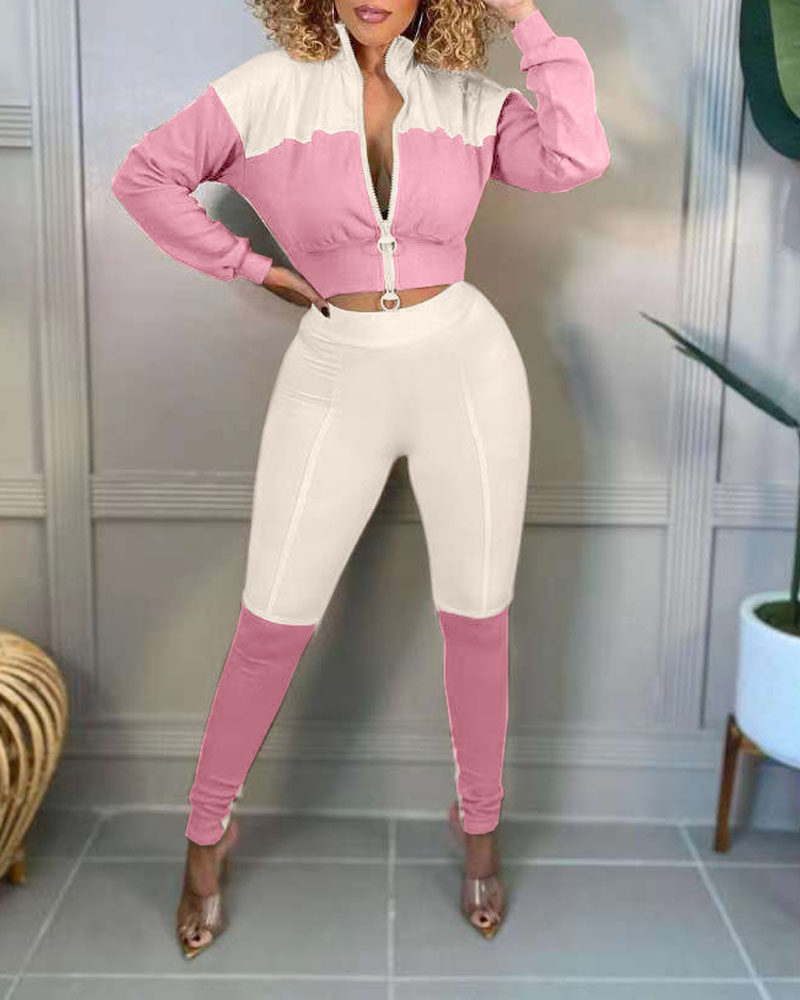 

Colorblock Zip Up Crop Top & Pants Set, Pink