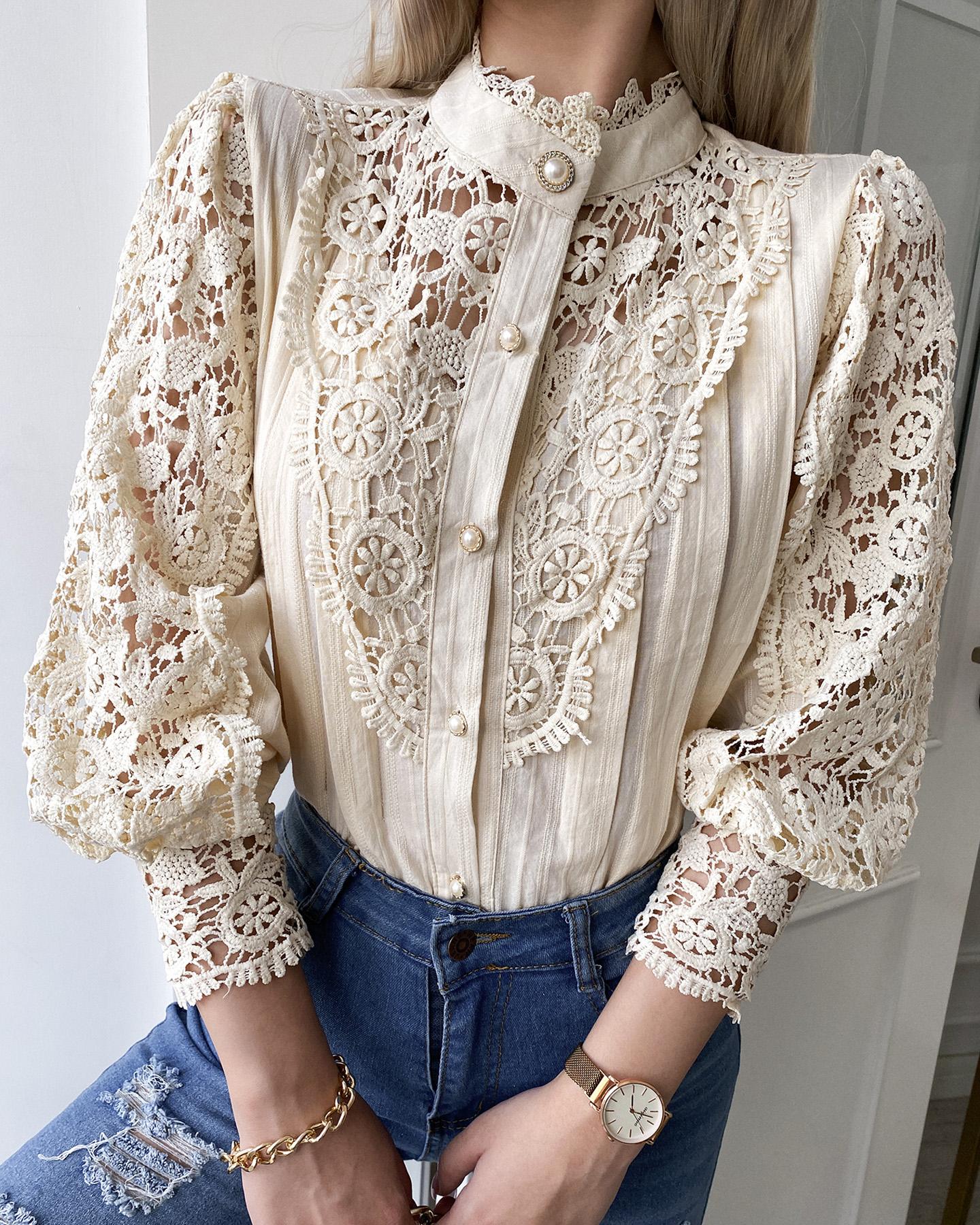 

Guipure Lace Lantern Sleeve Button Design Top, Beige