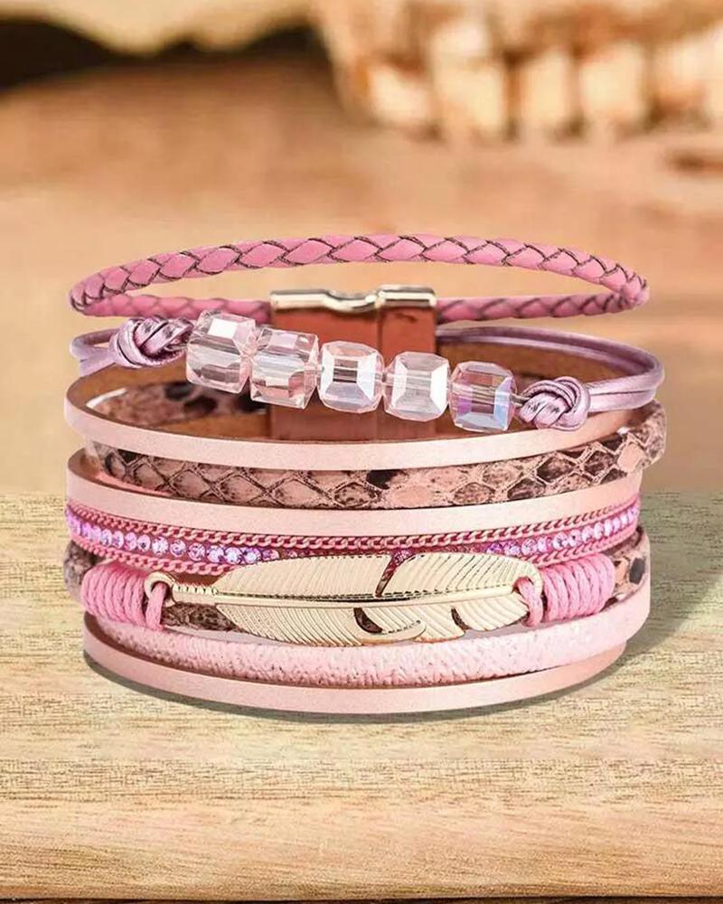 

1pc Feather Rhinestone Decor Wide Magnet Bracelet, Pink