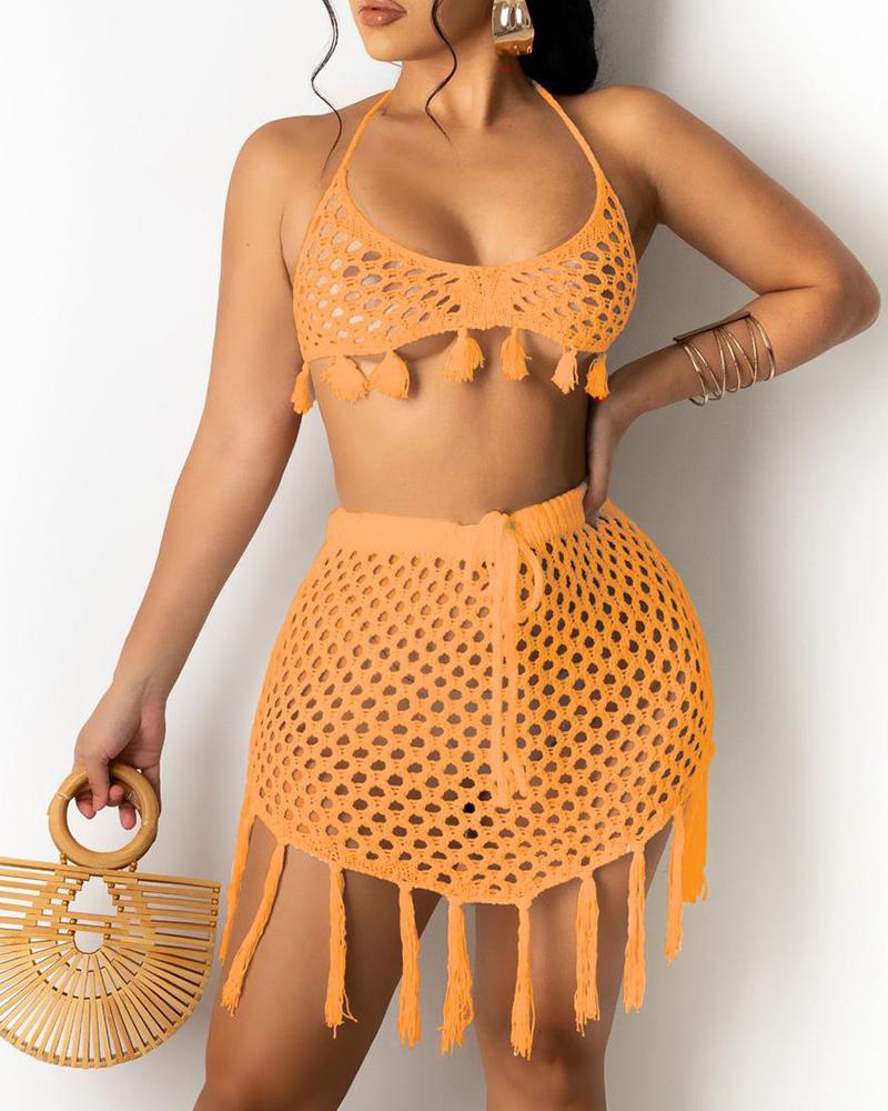 

Halter Backless Knit Tassel Design Cover Up Set, Orange