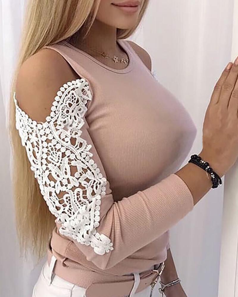 

Cold Shoulder Lace Hollow Out Blouse, Pink