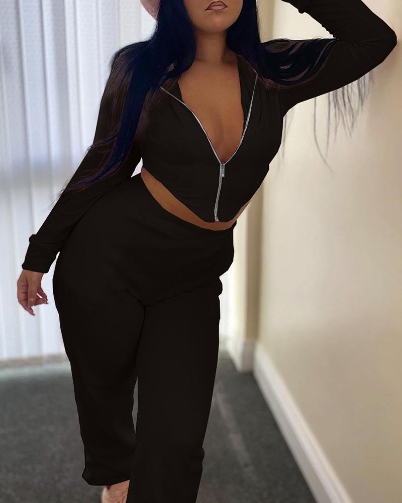

Zipper Design Asymmetrical Hooded Top & High Waist Pants Set, Black