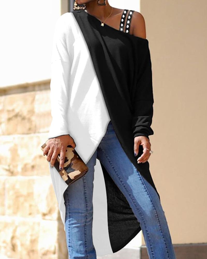 

Colorblock Cold Shoulder Asymmetrical Hem Top, Blackwhite