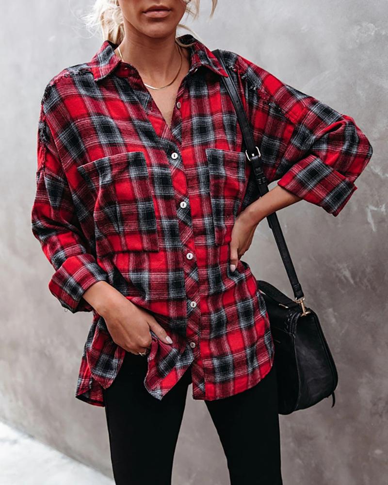 

Plaid Button Pocket Design Long Sleeve Shirt, Red
