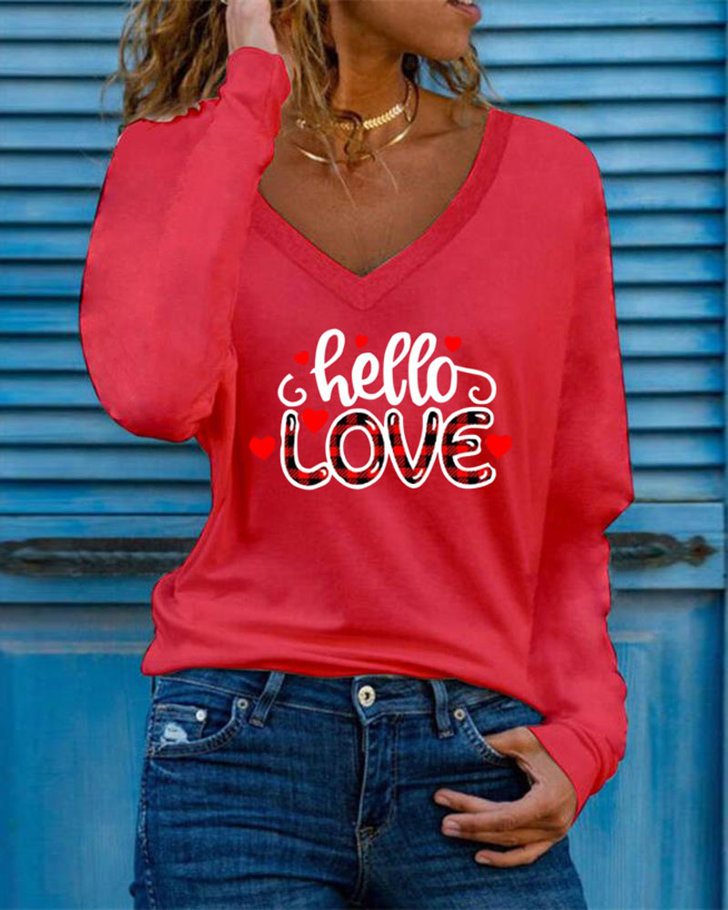 

Love Heart Print Long Sleeve V-Neck Top, Red