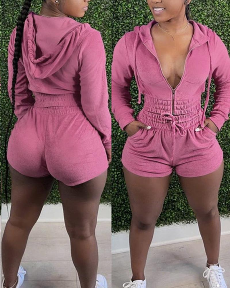 

Zip Up Drawstring Hoodie & Pocket Detail Shorts Set, Hot pink