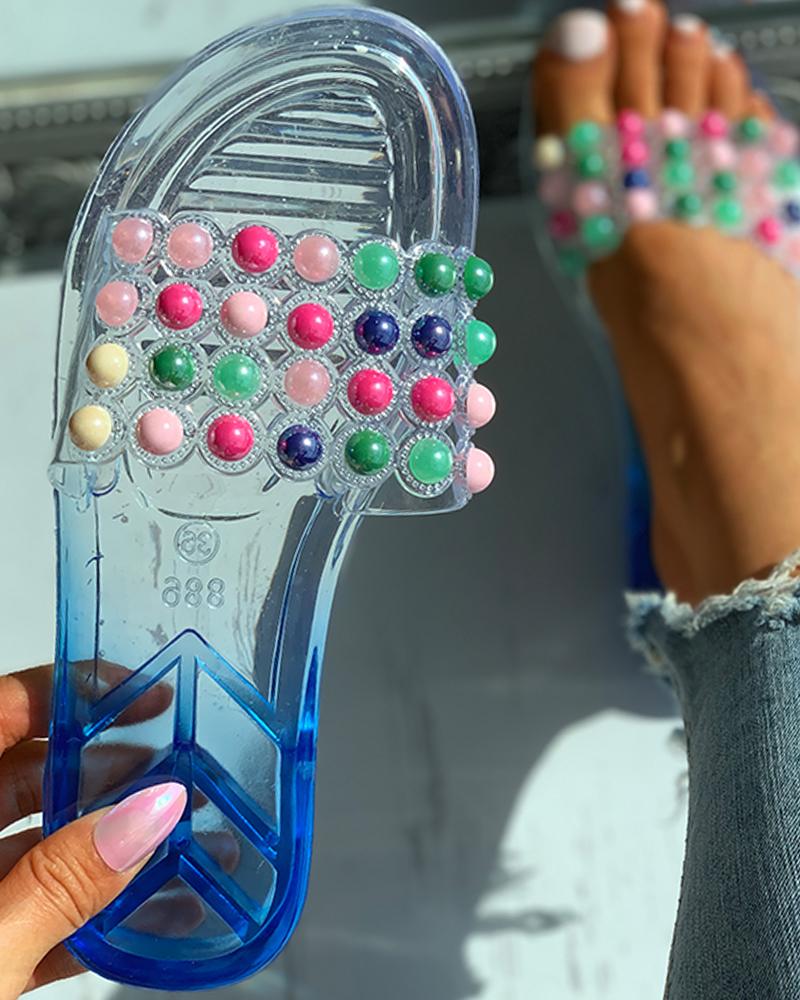 

Clear Perspex Colorful Beaded Open Toe Slippers, Blue