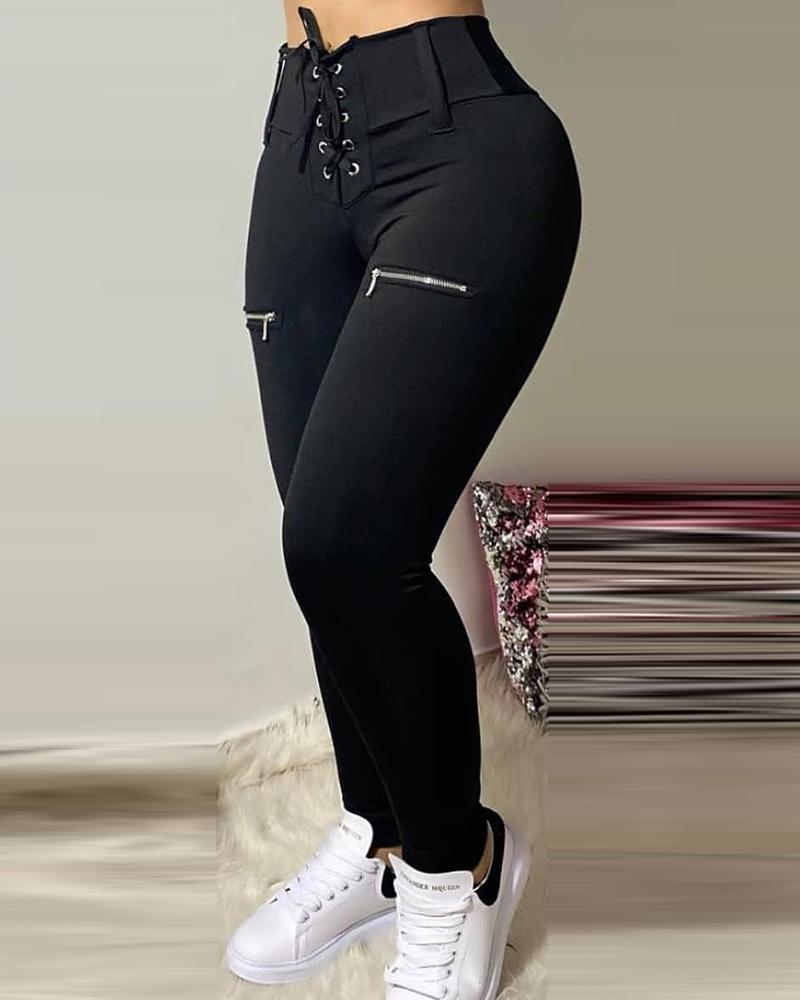 

Eyelet Lace-up Zipper Design Skinny Pants, Black