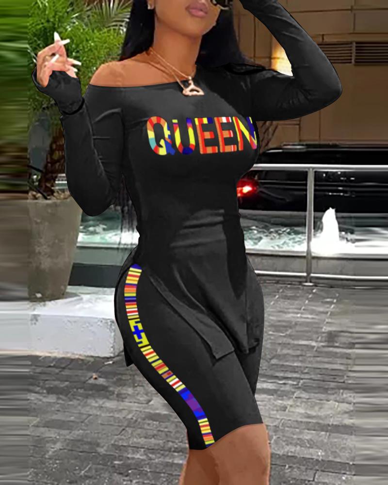 

Letter Print Slit Top & Colorblock Shorts Set, Black