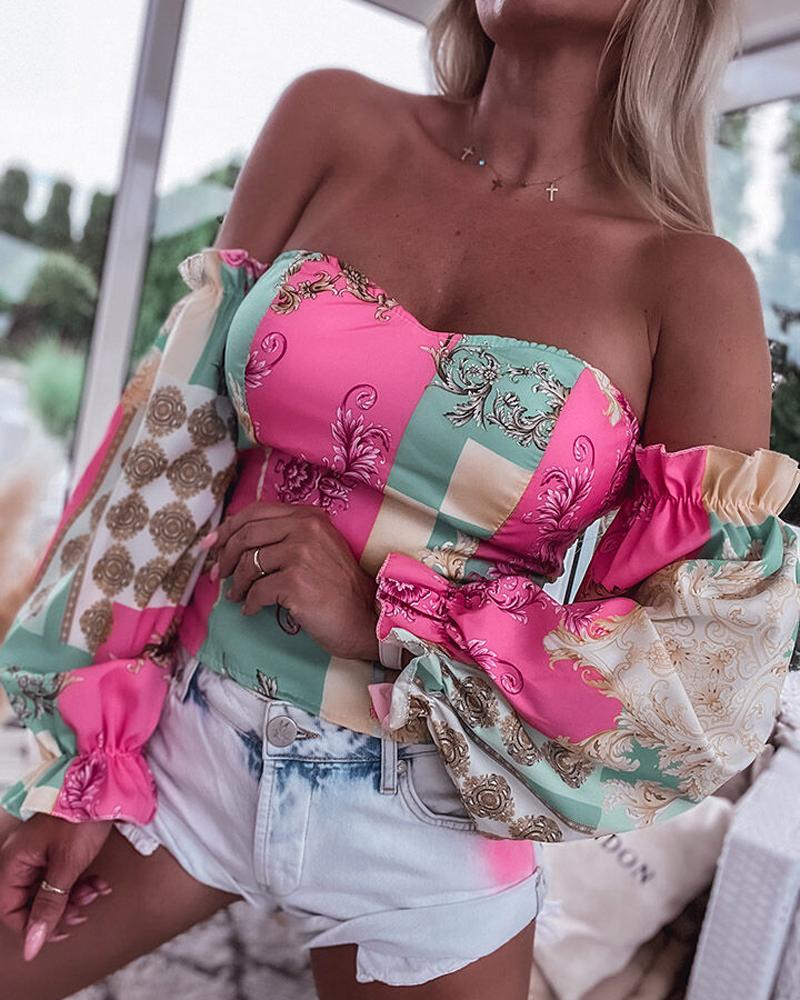 

Scarf Baroque Print Off Shoulder Shirred Top, Multicolor