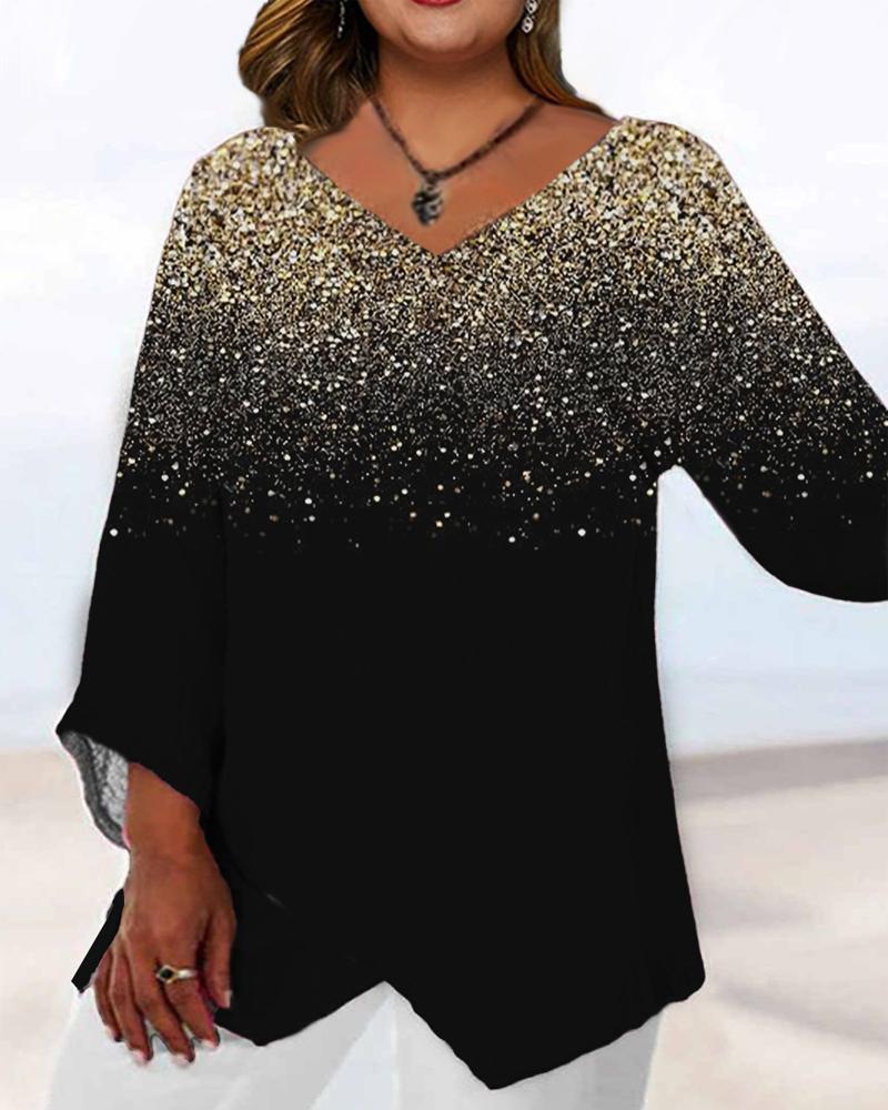 

Plus Size Asymmetrical Hem Long Sleeve Print Top, Black