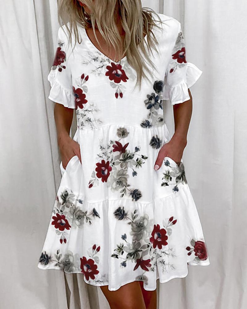 

Ruffles Pocket Design Floral Print Dress, White