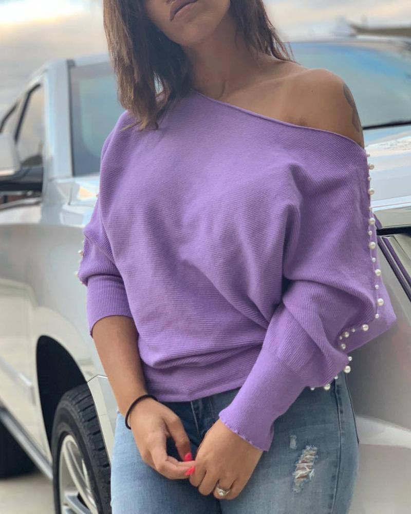 

Skew Neck Beaded Batwing Sleeve Ribbed Blouse, Purple