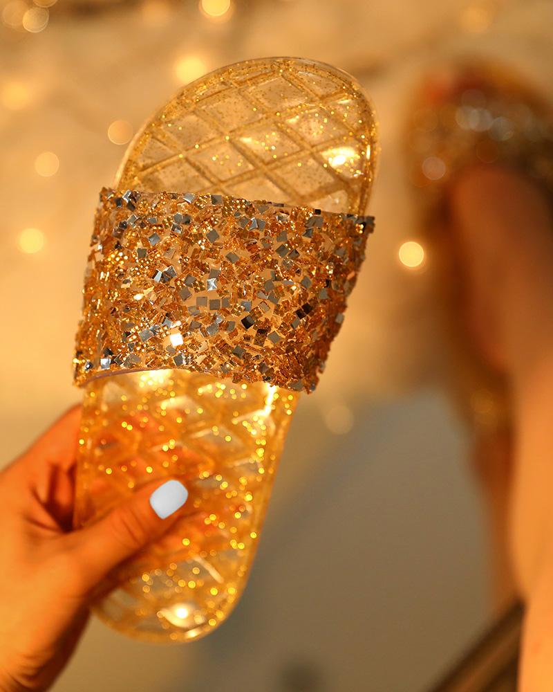

Open Toe Glitter Rhinestone Flat Slippers, Gold