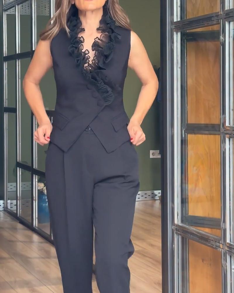 

Conjunto de blusa e calça de trabalho com babados e bainha abotoada, Black