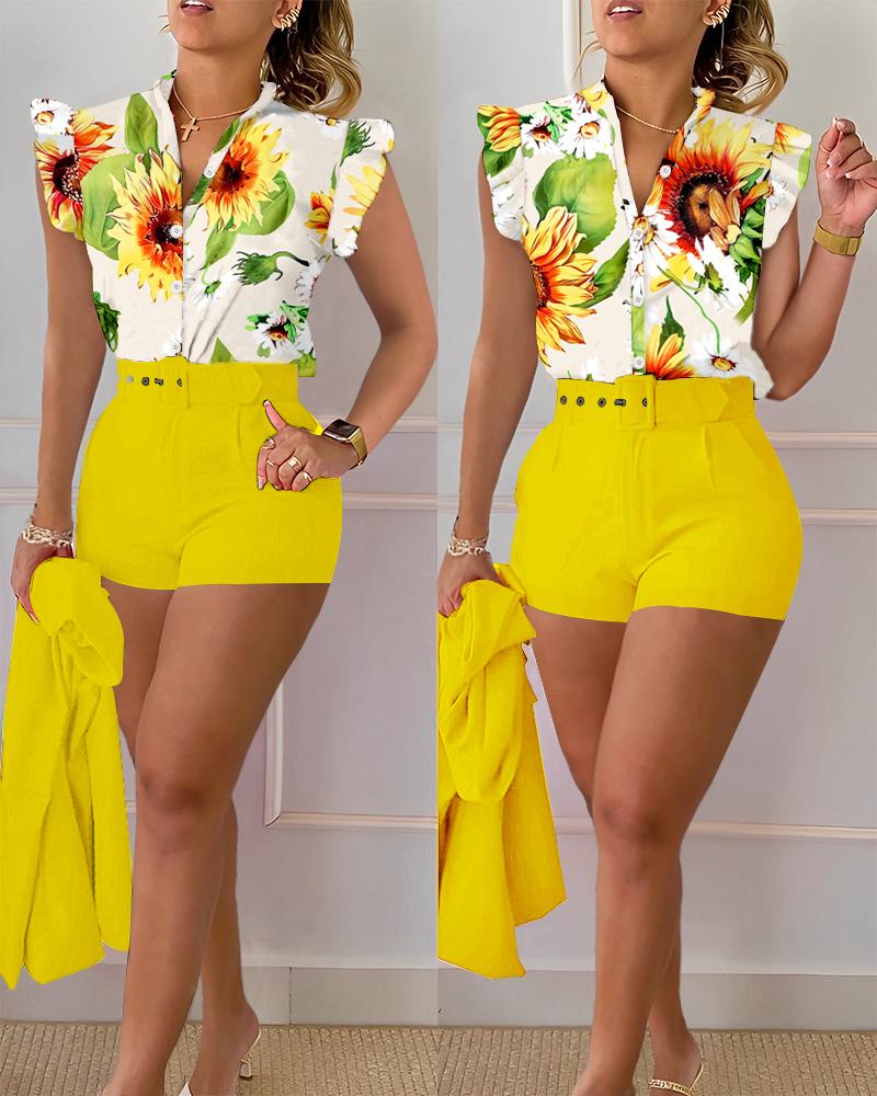 

Sunflower Print Flutter Sleeve Top & Shorts Set, Yellow