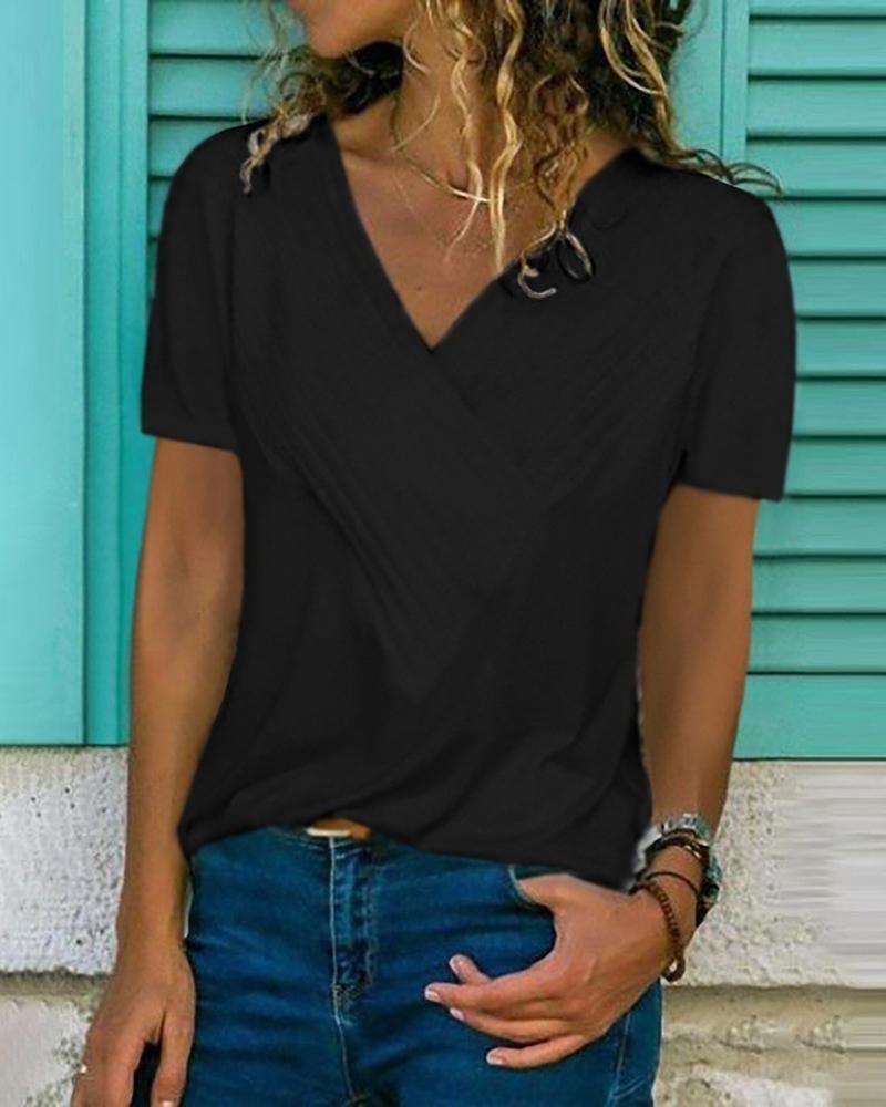 

Solid V-Neck Crisscross Casual T-Shirt, Black