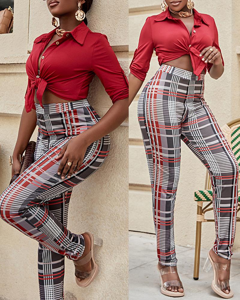

Long Sleeve Button Down Shirt & Plaid Pants Set, Red