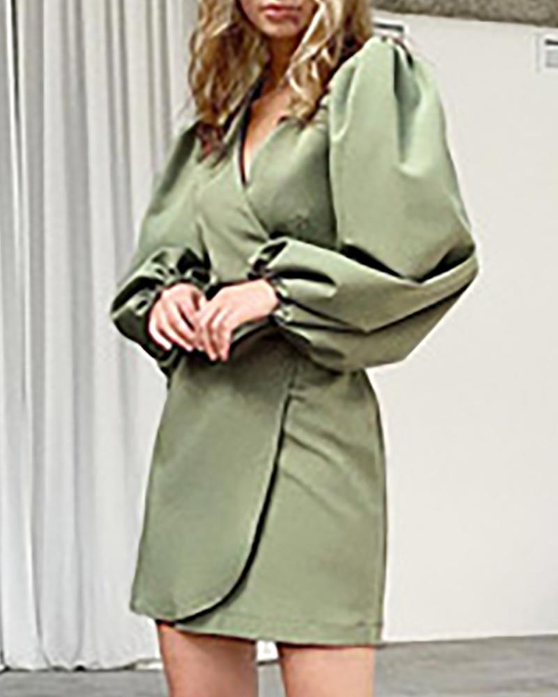 

Lantern Sleeve Ruched V Neck Casual Dress, Green