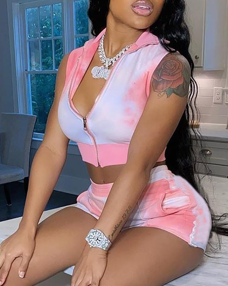 

Tie Dye Print Crop Top & Shorts Set, Pink