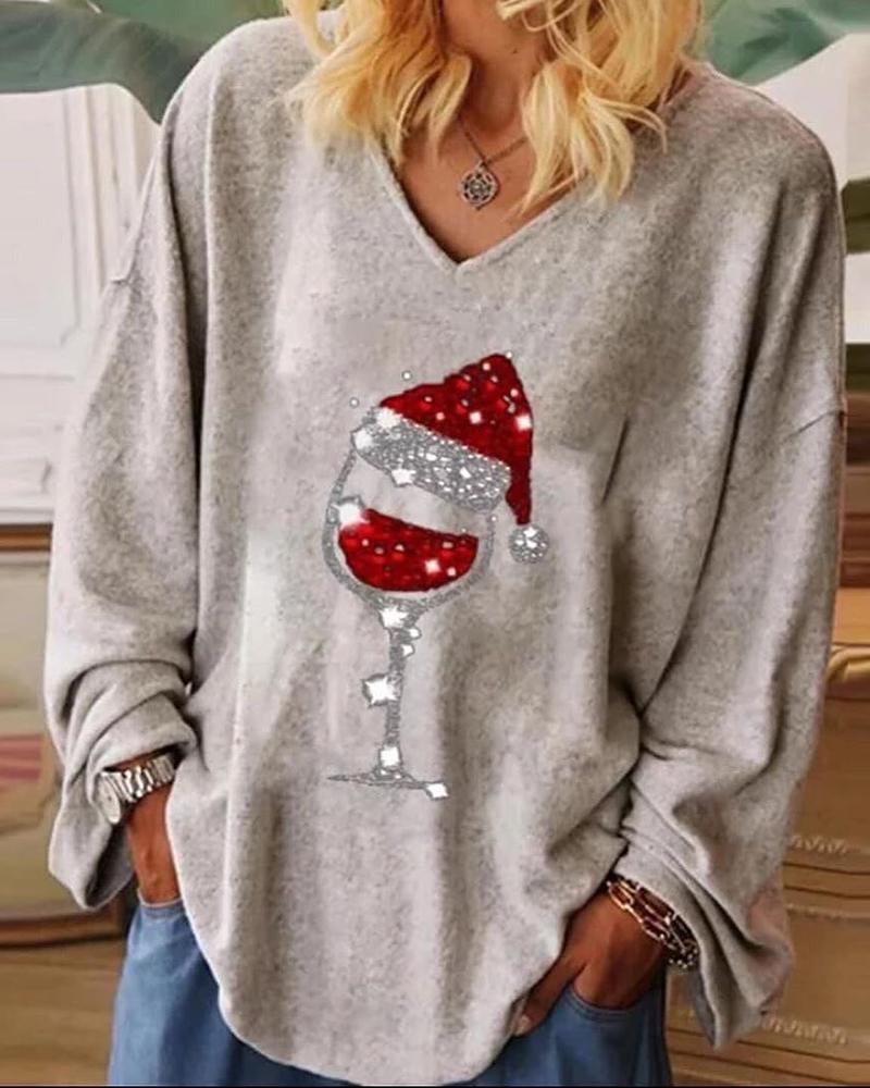 

Christmas Wine Glass Print Casual Sweatshirt, Light gray