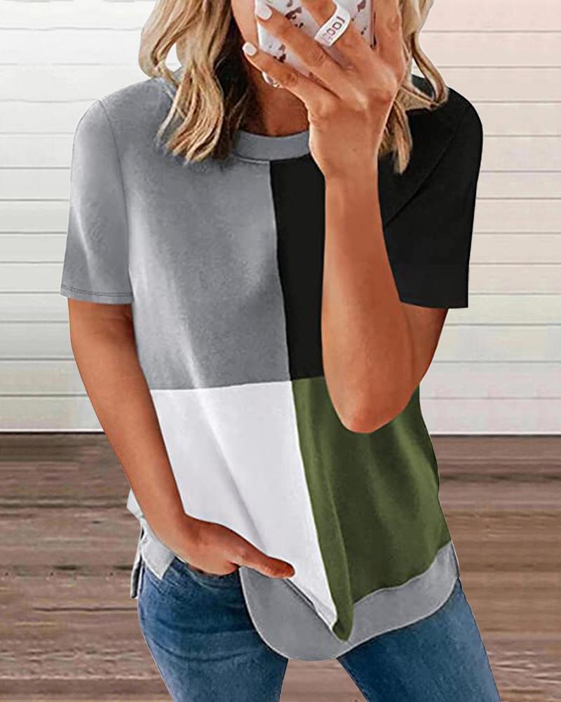 

Colorblock Round Neck Short Sleeve T-Shirt, Green