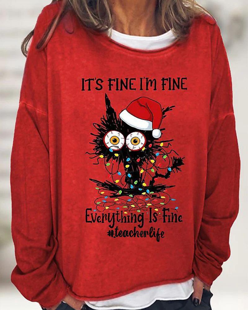 

Christmas Letter Cat Print Long Sleeve Casual Top, Red