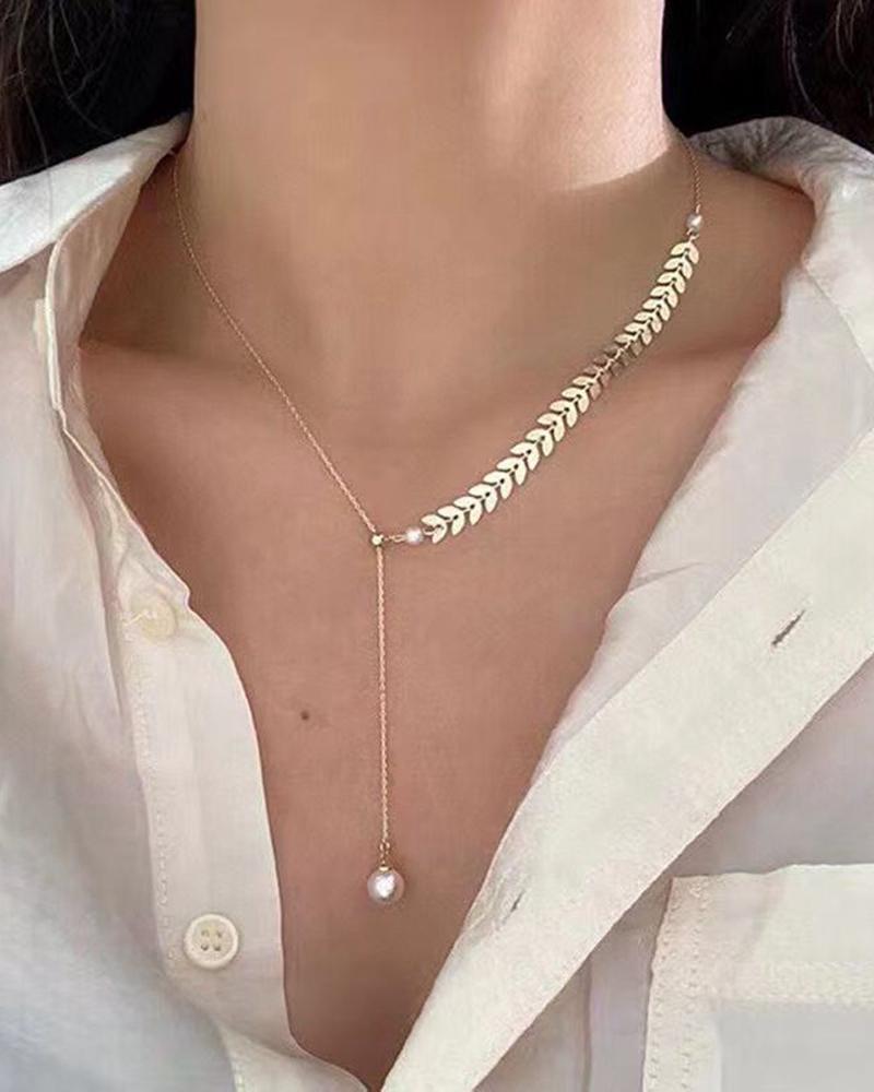 

1pc Pearls Decor Wheat Ears Design Chain Necklace, Gold