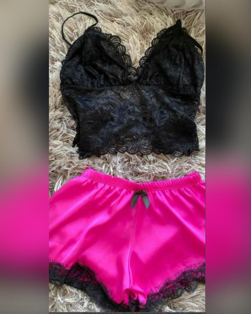 

Solid Lace Patchwork Strap Tanks With Lace Shorts Sexy Sets, Hot pink