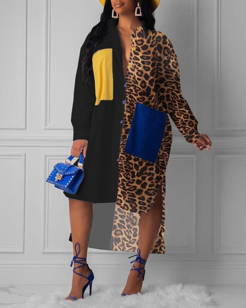 

Cheetah Print Colorblock Dip Hem Shirt Dress, Yellow