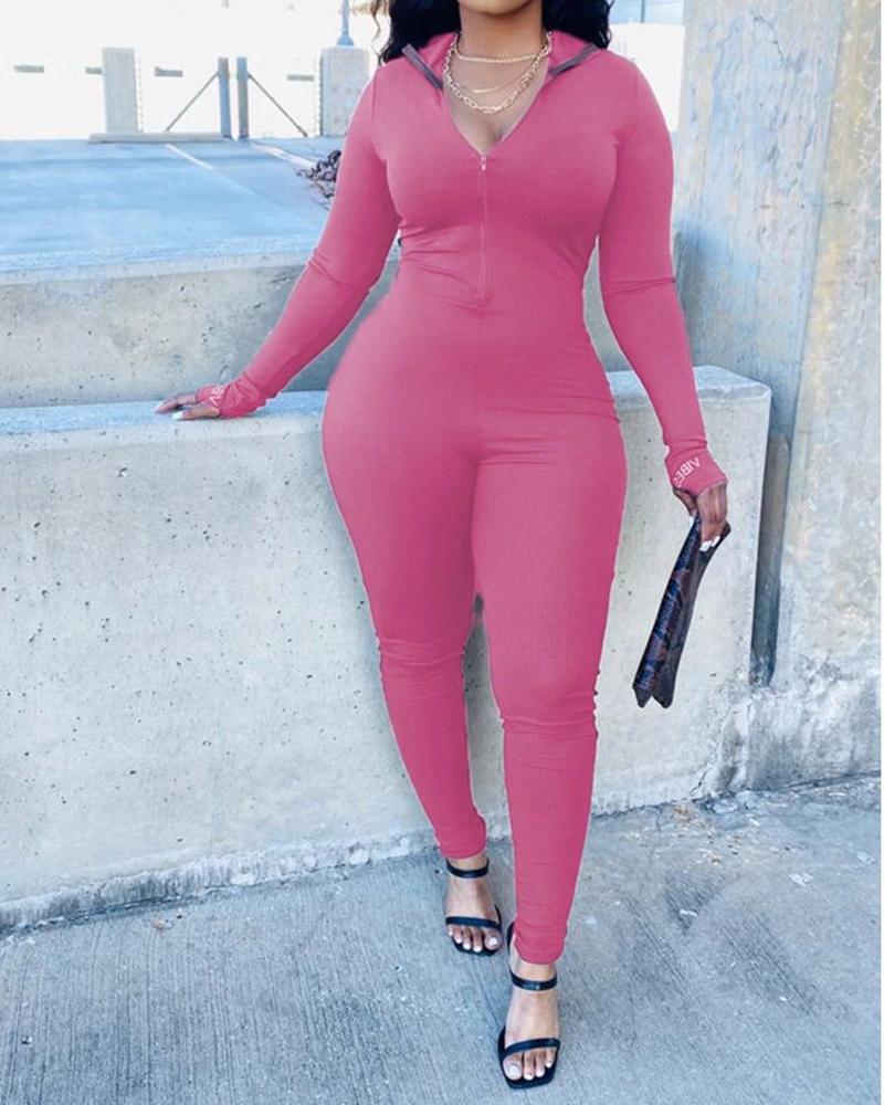 

Plus Size Zipper Front Ribbed Jumpsuit, Hot pink