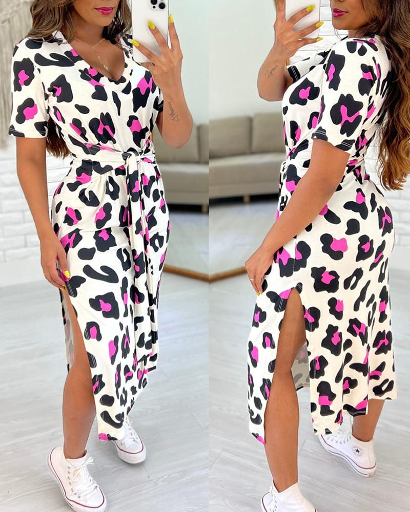 

Leopard Print Tied Detail Slit Casual Dress, Hot pink