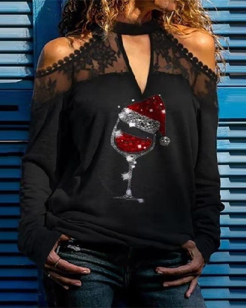 

Lace Trim Christmas Print Cold Shoulder Top, Black