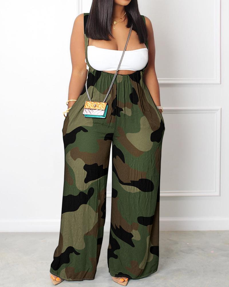 

Camouflage Print Wide Leg Suspender Jumpsuit, Camoflage