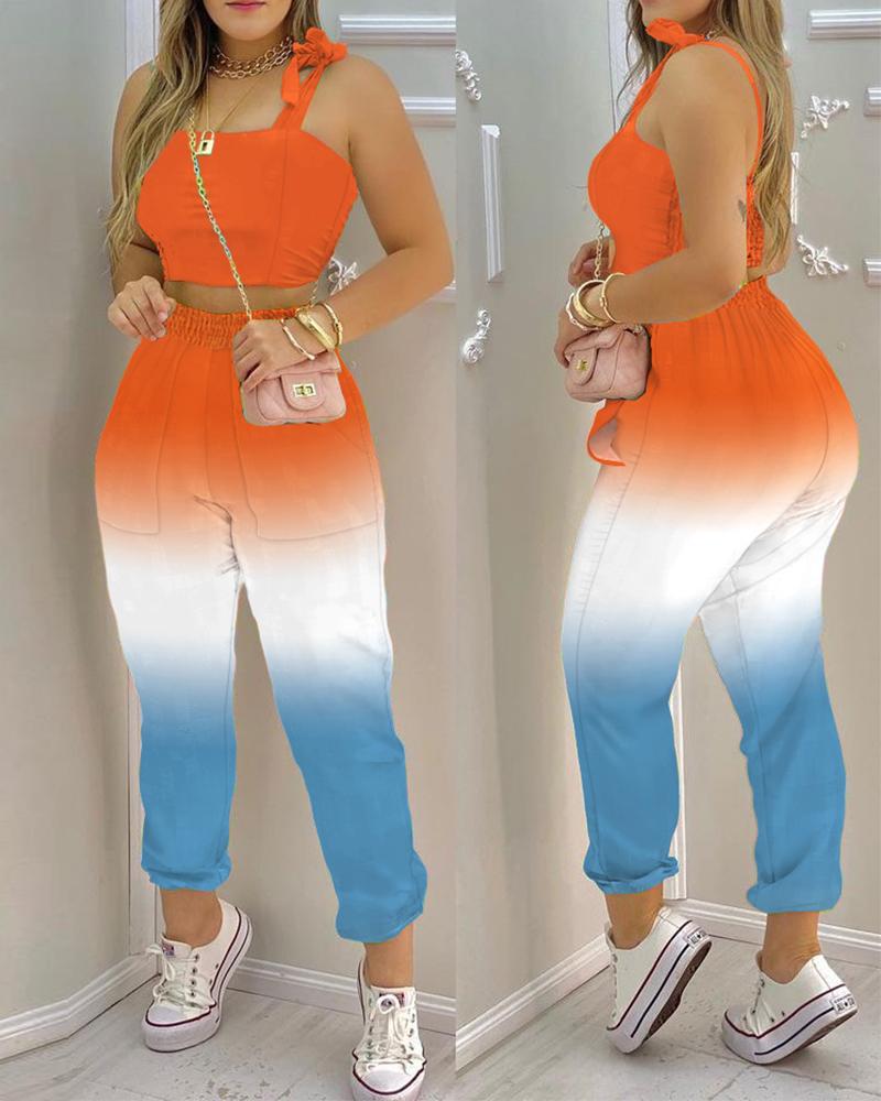 

Ombre Print Tied Detail Crop Top & Cuffed Pants Set, Multicolor