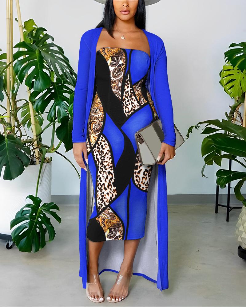 

Abstract Leopard Print Bodycon Dress With Longline Coat, Blue