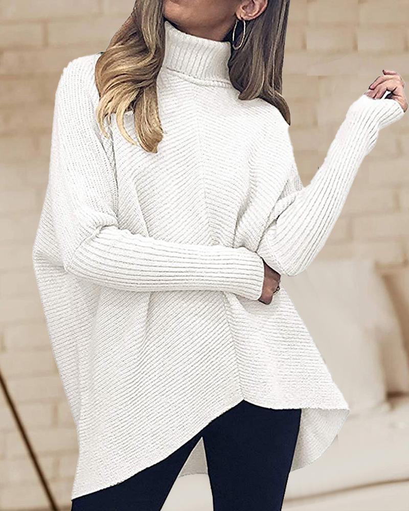 

Batwing Sleeve Turtleneck High Low Hem Sweater, White