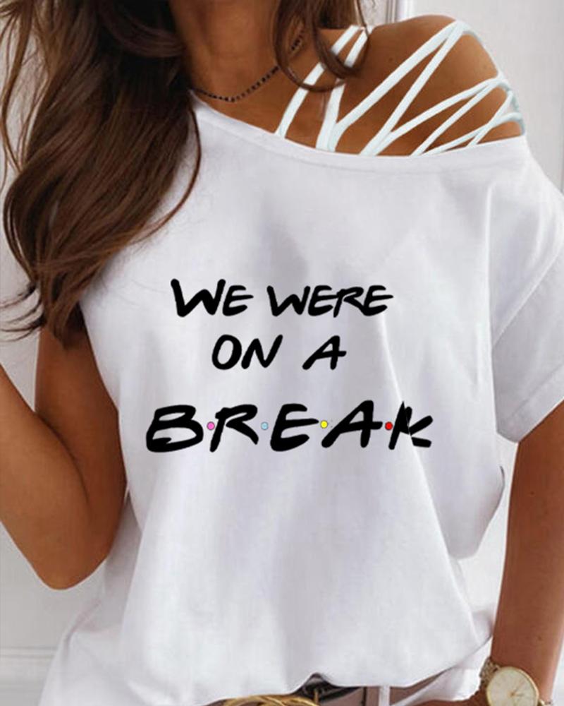 

Slash Neck Lace-up Shoulder Letter Print T-shirt, White